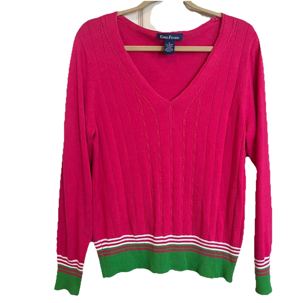 Evan Picone Women's XL Classic Lightweight Cable Knit Sweater V Neck Preppy